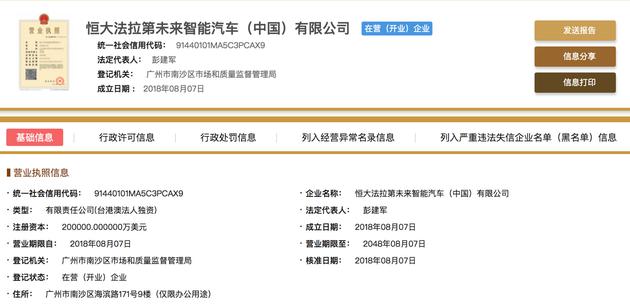 恒大法拉第未来智能汽车(中国)有限公司成立