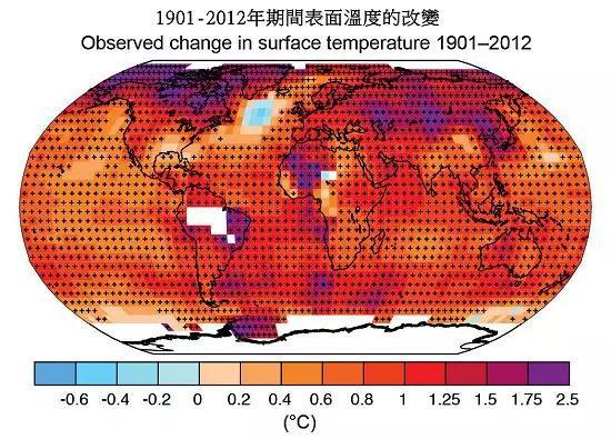 图31901-2012年期间地球表面气温变幅分布（来源：IPCC 第五次评估报告）