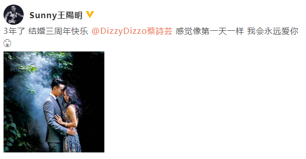 王阳明晒与老婆蔡诗芸恩爱甜蜜照 纪念两人结婚三周年