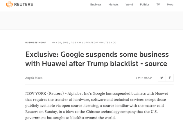 路透社：谷歌已暂停与华为部分业务称“遵从指令”