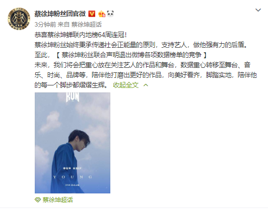 蔡徐坤蝉联榜单冠军64周 粉丝团宣布退出各项微博数据榜单竞争