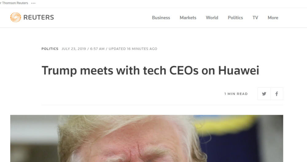 特朗普会见美国七家科技公司高管，将解禁对华为供货