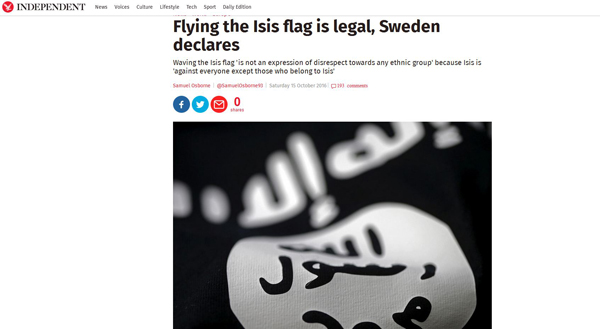 瑞典判决挂IS黑旗合法：他们谁都杀不特别针对谁