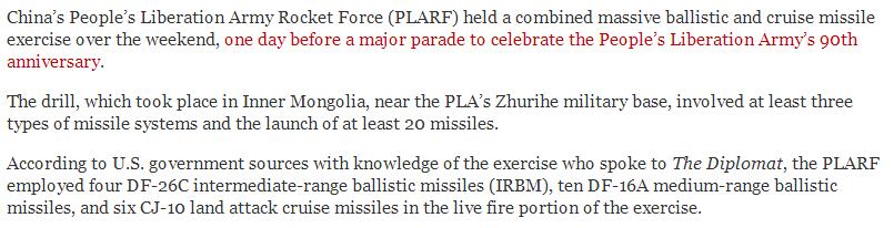 美媒：中国发射20多枚导弹模拟攻击萨德和F-22