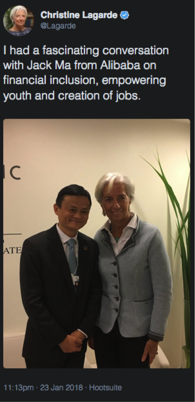 IMF总裁拉加德发推特晒出与马云的合影 两人说了啥？