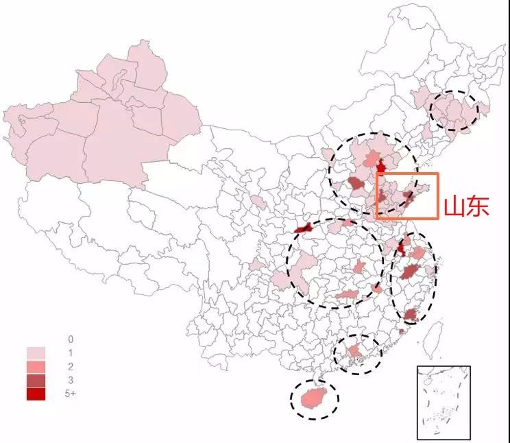 注:图中山东省右下颜色深的区域是青岛 2017年至今出台人才新政城市