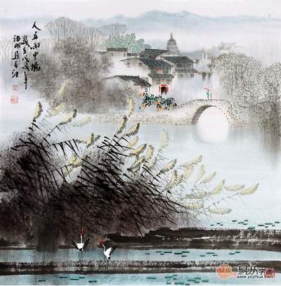 精美江南风景画诸明装饰挂画新品《人立雨中桥》(作品来源:易从网)