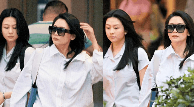 邱淑贞接女儿放学 一起逛街同款衬衣似姐妹花 