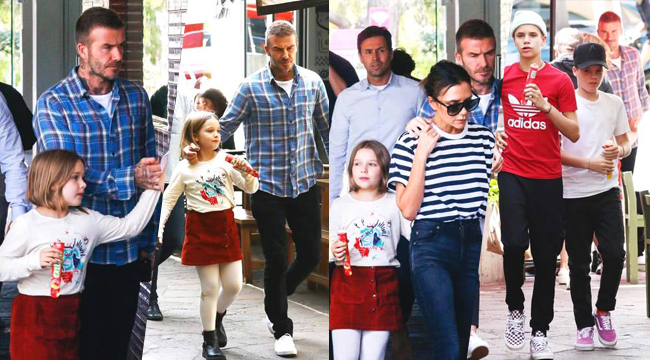 贝克汉姆全家上街独宠女儿 小七身穿红裙古灵精怪