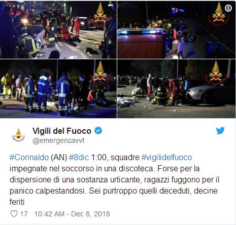 意大利一夜店踩踏事故致6死超100伤 正举办音乐会