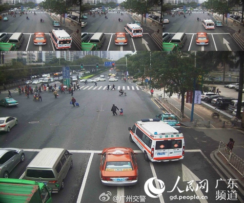 　3月15日，交警视频监控中能看到出租车避让救护车。交宣供图