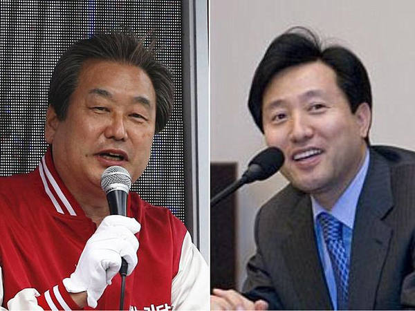 　　图为金武星（左）和前首尔市长吴世勋的组合照片。