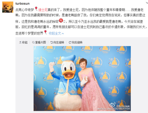 孙俪和唐老鸭合影。图为孙俪微博截图。