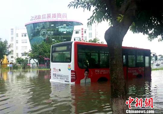 图为公交车被困水中。　网友提供摄