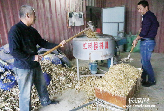 李宝存(右一)和工人制作混合饲料。通讯员 供图