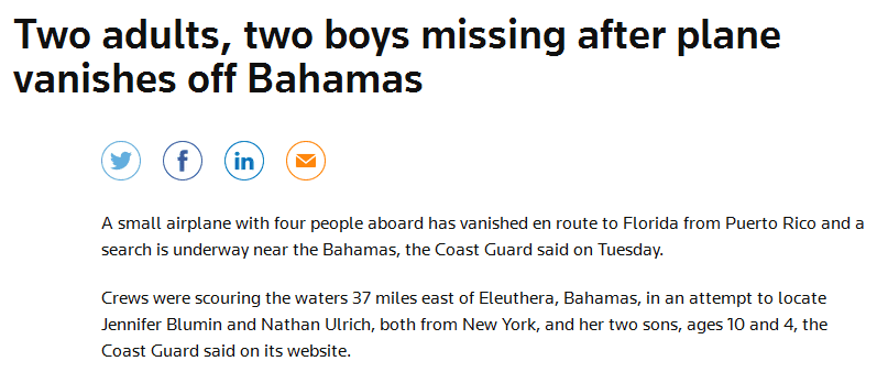 又一飞机在“百慕大三角”失踪 机上载4人