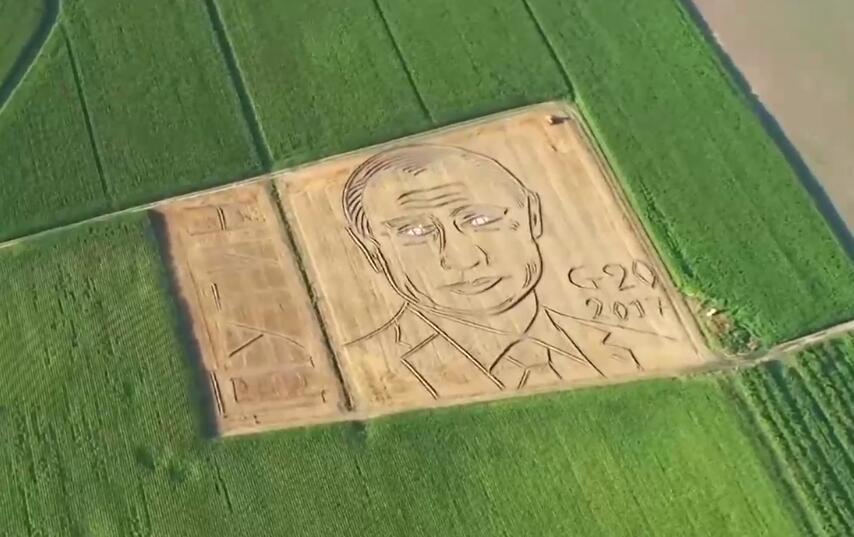 拖拉机当画笔 意大利艺术家在农田里画普京肖像