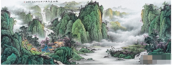 林德坤山水画作品《溪山垂钓图》图中的亭台楼阁掩映于溪水边林木旁