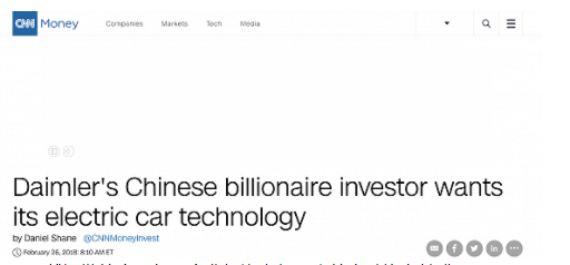 CNN：戴姆勒的中国亿万富翁投资者想要它的电动汽车技术