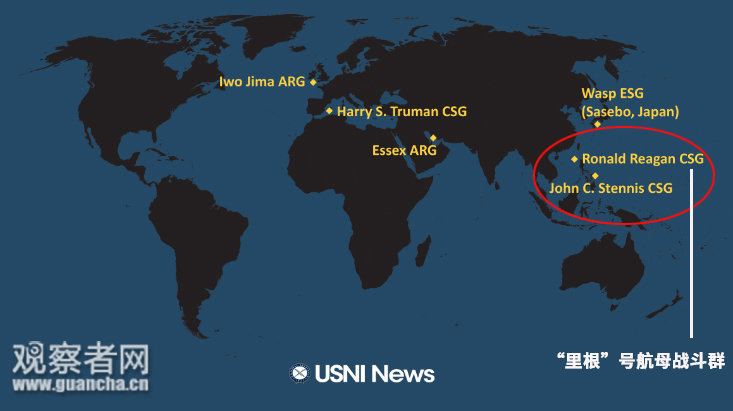 　各战斗群主力舰所在位置图自USNI NEWS