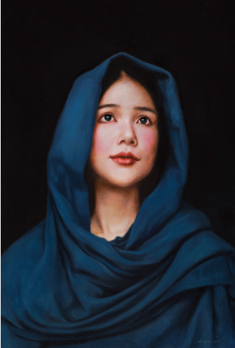 作品名称:《戴蓝色头巾的女孩》,尺寸:42x60cm ,材质:布面油画,年代