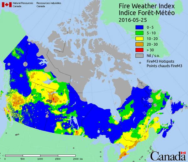 5月5日加拿大自然資源部公佈的火情示意圖,色塊表示火災氣候指數,紅色