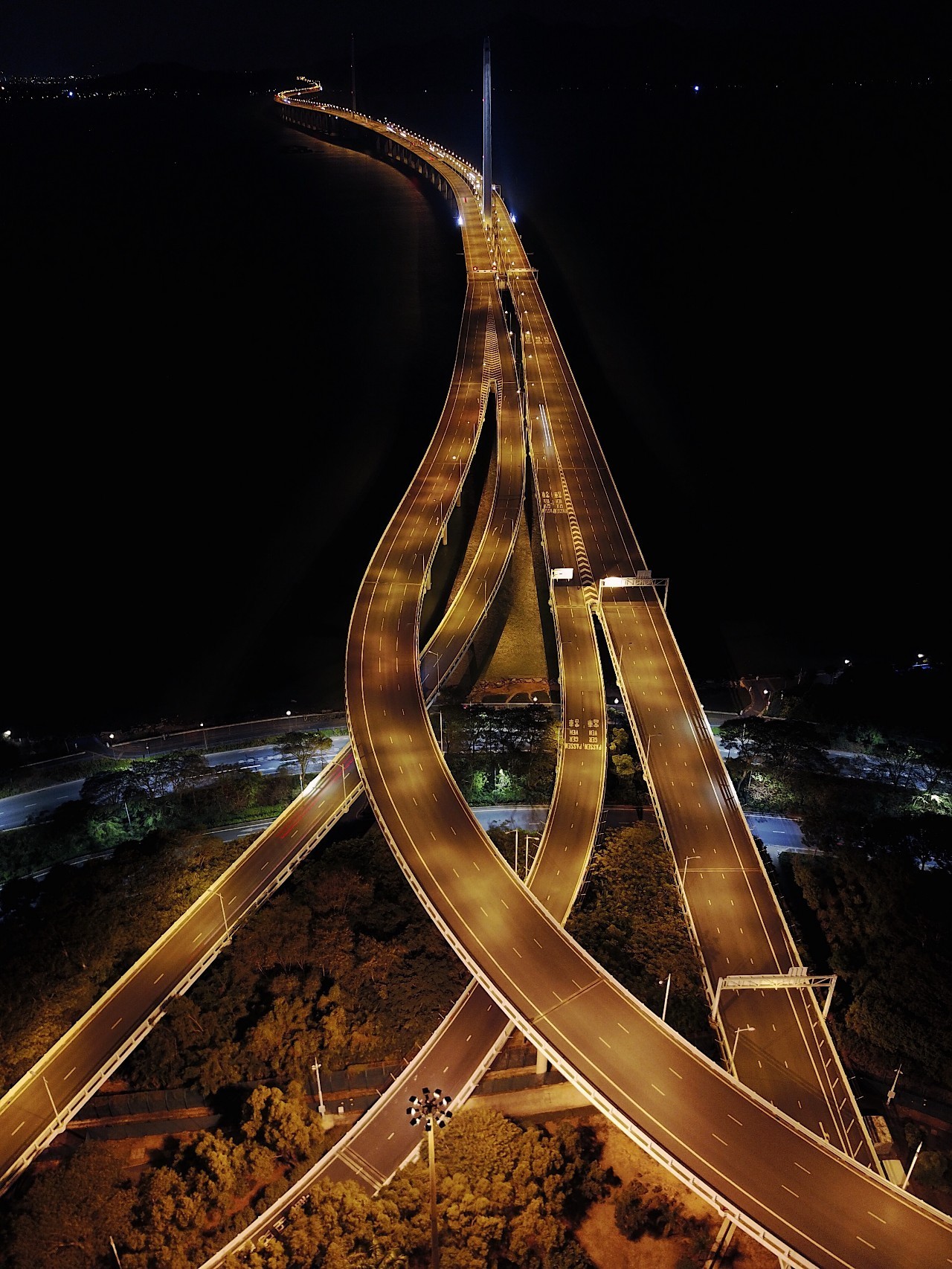 灯光下的深圳湾大桥蜿蜒绵长,连接着内地和香港.