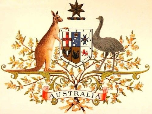 澳大利亚国徽,盾形两旁为红袋鼠和鸸鹋[ér miáo]是澳大利亚特有动物