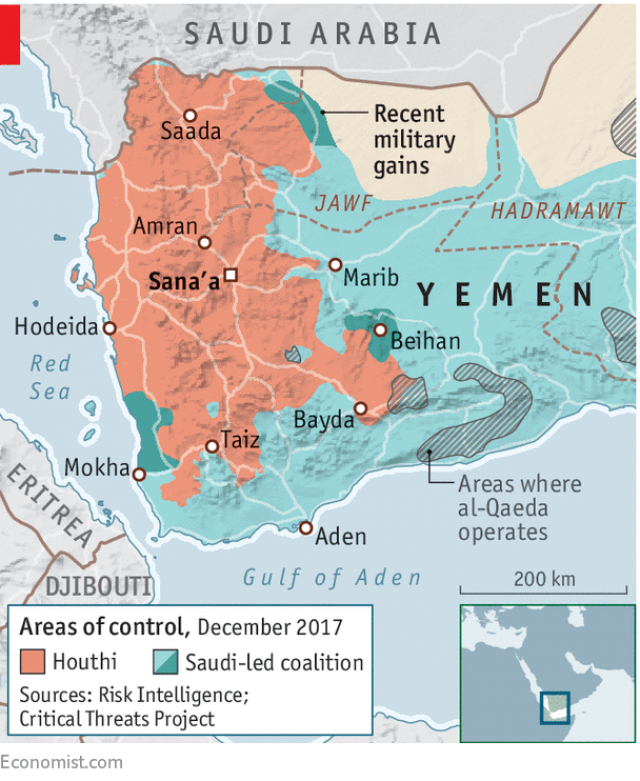 也门内战2017年12月局势,橙红为胡塞武装,蓝色为流亡总统哈迪武装